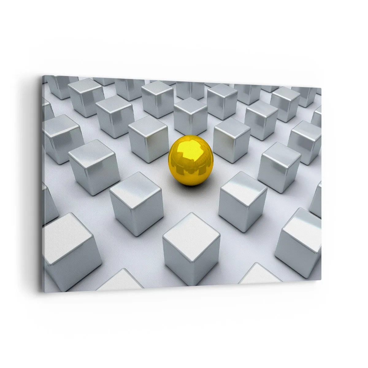 Bild auf Leinwand - Leinwandbild - Eine goldene Kugel, die zwischen den silbernen Würfeln hervorsticht - 120x80cm - Warum ich? Geometrische Zusammensetzung - Moderne Wanddekoration für Wohnzimmer und Schlafzimmer ARTTOR