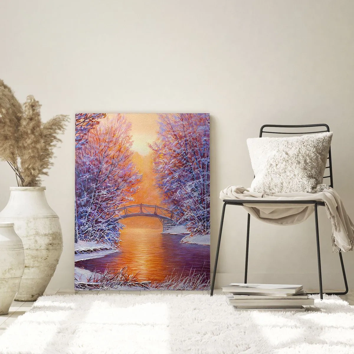Glasbild - Bild auf glas - Winterlandschaft mit Brücke und Sonnenuntergang - 70x100cm - Treffen wir uns hier - Moderne Wanddekoration für Wohnzimmer und Schlafzimmer ARTTOR