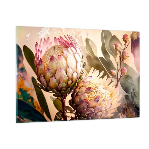 Glasbild - Bild auf glas - Protea-Blüten in warmen Tönen und sanftem Licht - 120x80cm - Zärtlich umarmt - Moderne Wanddekoration für Wohnzimmer und Schlafzimmer ARTTOR