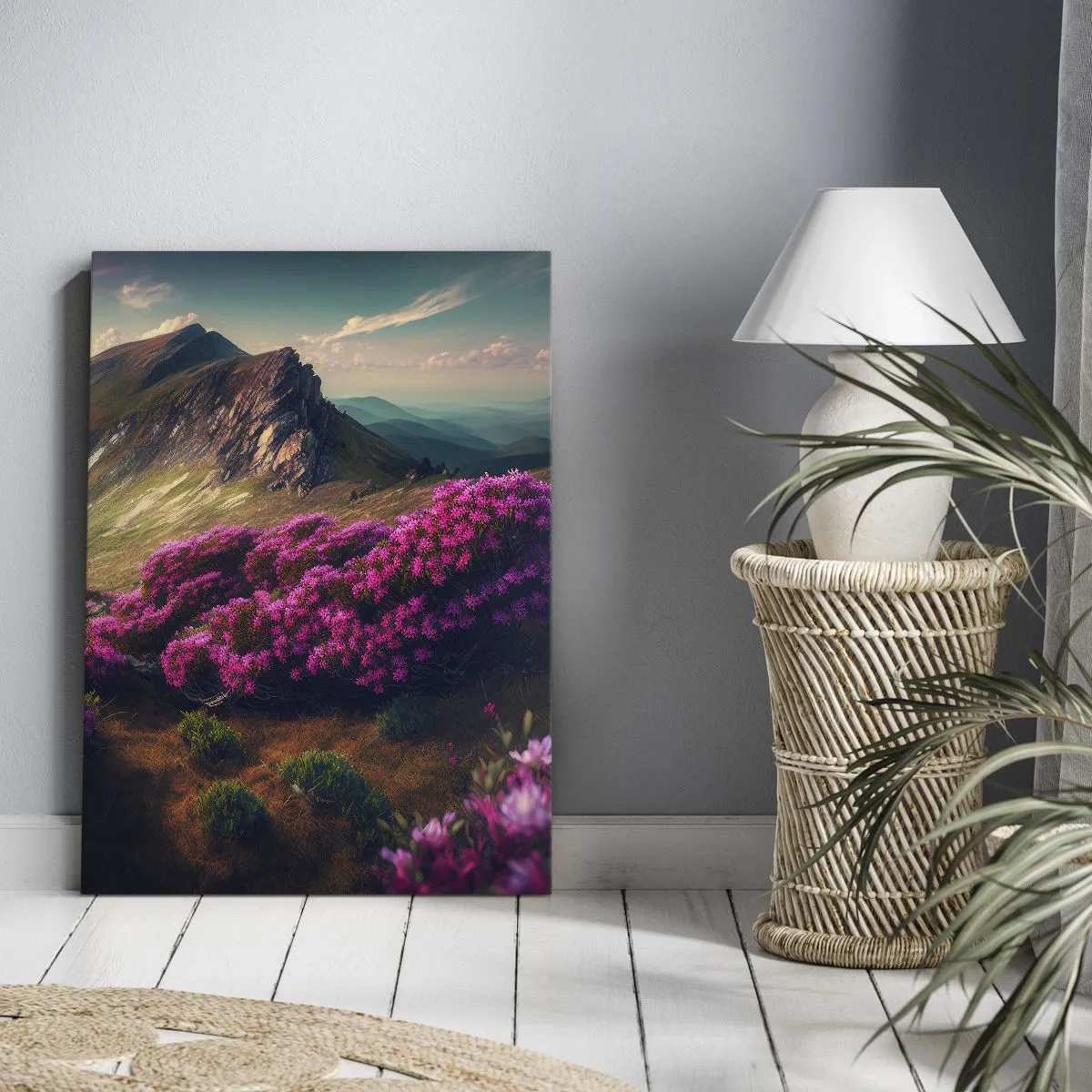 Bild auf Leinwand - Leinwandbild - Berglandschaft mit blühenden Rhododendren - 50x70cm - Sommer in den Bergen - Moderne Wanddekoration für Wohnzimmer und Schlafzimmer ARTTOR