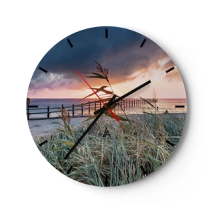 Wanduhr - Glasuhr - Ein Blick auf den Pier bei Sonnenuntergang mit Gräsern im Vordergrund - 30x30cm - Es vergeht nicht mit dem Wind - Moderne Wanddekoration für Wohnzimmer, Küche und Schlafzimmer ARTTOR