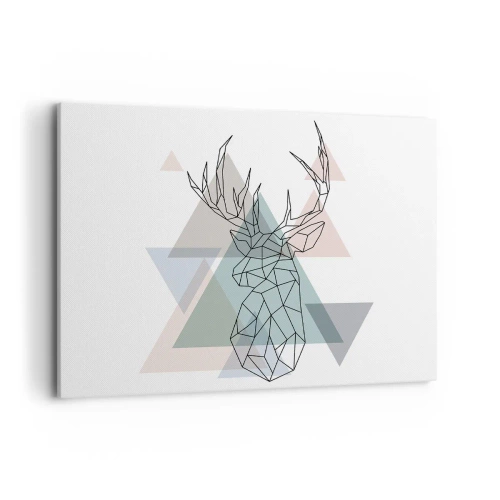 Bild auf Leinwand - Leinwandbild - Geometrischer Hirsch auf einem Hintergrund aus pastellfarbenen Dreiecken - 100x70cm - In einem geometrischen Wald - Moderne Wanddekoration für Wohnzimmer und Schlafzimmer ARTTOR