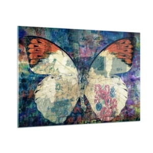 Glasbild - Bild auf glas - Ein bunter Schmetterling auf einem abstrakten Hintergrund in Blau- und Orangetönen. - 100x70cm - Subtile Zerbrechlichkeit - Moderne Wanddekoration für Wohnzimmer und Schlafzimmer ARTTOR