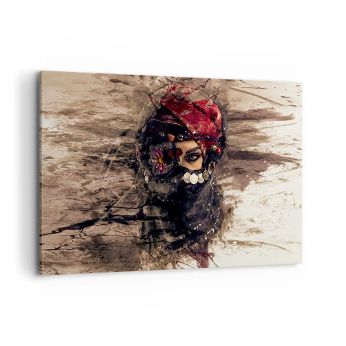 Bild auf Leinwand - Leinwandbild - Künstlerisches Porträt einer Frau in orientalischer Kleidung vor abstraktem Hintergrund. - 100x70cm - Gelinde gesagt besorgniserregend - Moderne Wanddekoration für Wohnzimmer und Schlafzimmer ARTTOR