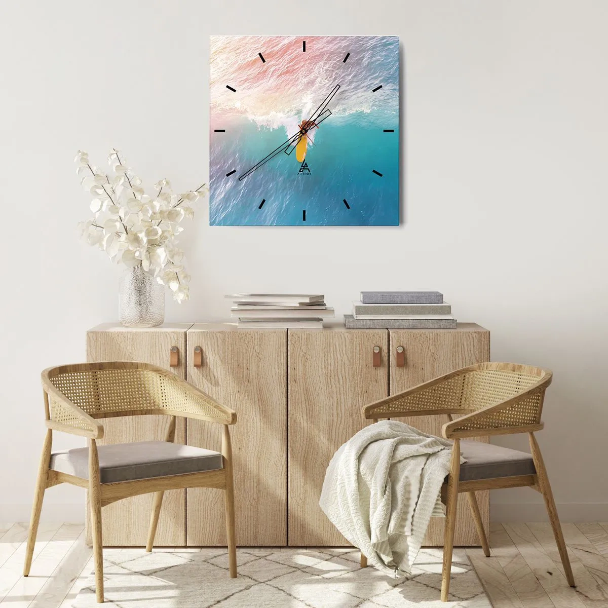 Wanduhr - Glasuhr - Surfer auf einer Welle in Pastellfarben - 30x30cm - Der Ozeanreiter - Moderne Wanddekoration für Wohnzimmer und Schlafzimmer ARTTOR