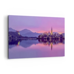 Bild auf Leinwand - Leinwandbild - See mit einer Insel und einer Kirche bei Sonnenuntergang - 100x70cm - Eine märchenhafte Insel in der Abenddämmerung - Moderne Wanddekoration für Wohnzimmer und Schlafzimmer ARTTOR