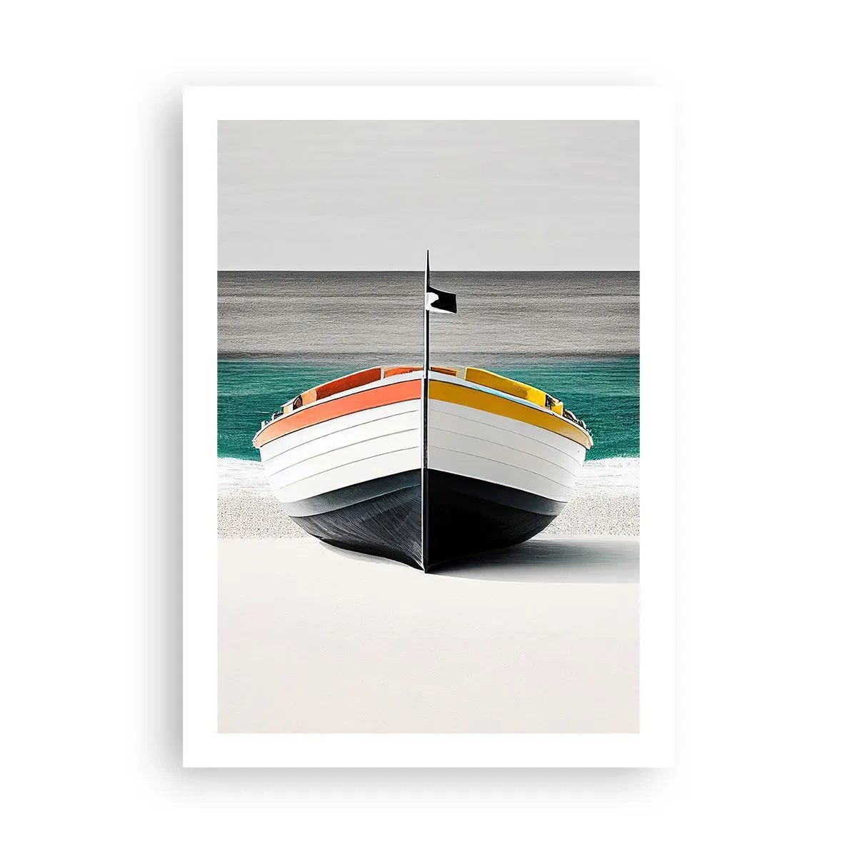 Poster - Ein Farbfoto eines Bootes vor dem Hintergrund von Meer und Sand. - 50x70cm - An seinem Platz - Moderne Wanddekoration für Wohnzimmer und Schlafzimmer ARTTOR