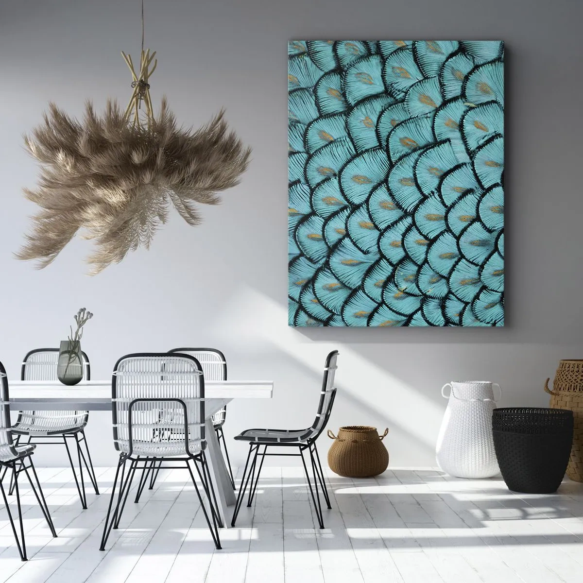 Bild auf Leinwand - Leinwandbild - Ein Muster, das türkisfarbenen Schuppen mit goldenen Akzenten ähnelt - 80x120cm - Große Federgala - Moderne Wanddekoration für Wohnzimmer und Schlafzimmer ARTTOR