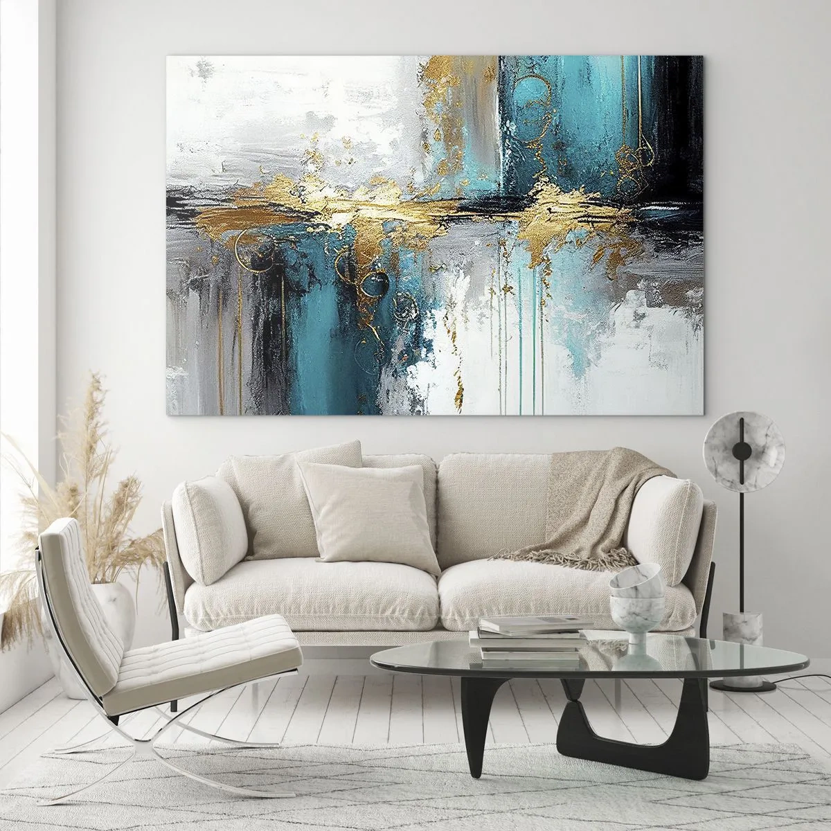 Glasbild - Bild auf glas - Abstraktion mit Türkis und Gold auf weißem Hintergrund - 70x50cm - Alles fließt - Moderne Wanddekoration für Wohnzimmer und Schlafzimmer ARTTOR