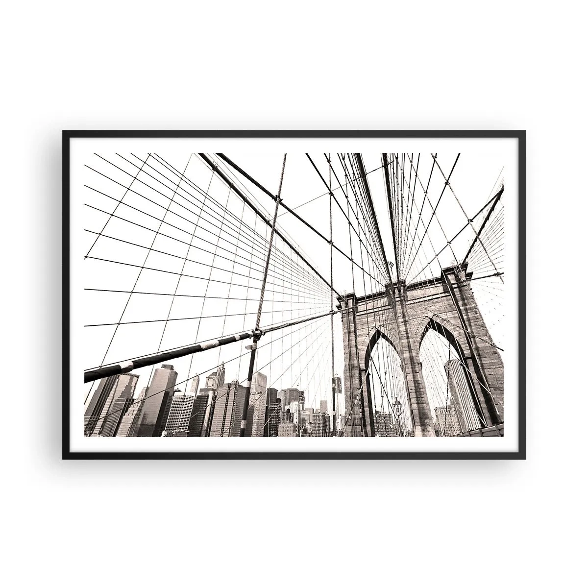 Poster in einem schwarzem Rahmen - Die Brooklyn Bridge in Schwarzweiß - 100x70cm - New Yorker Kathedrale - Moderne Wanddekoration für Wohnzimmer und Schlafzimmer ARTTOR