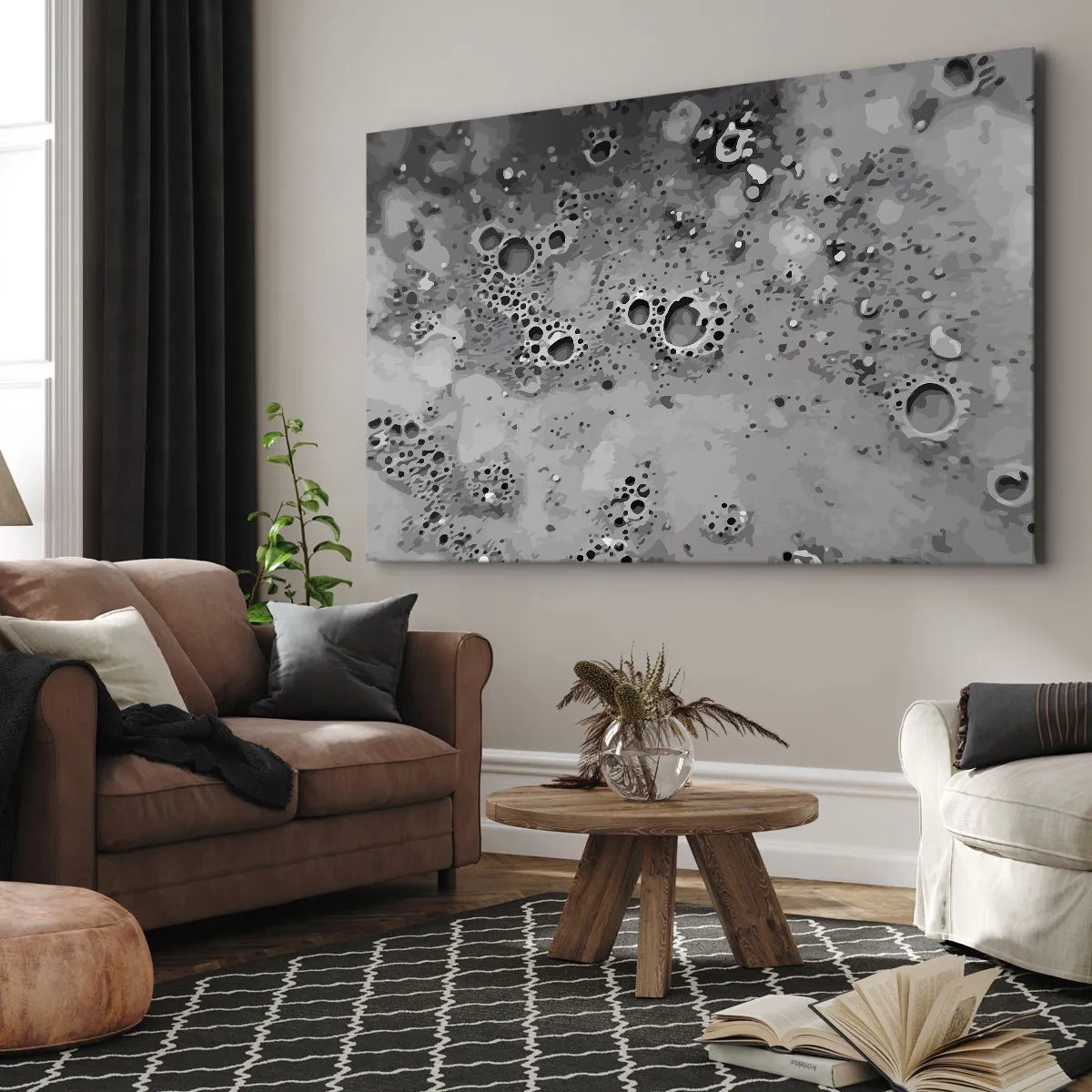 Bild auf Leinwand - Leinwandbild - Abstraktes schwarz-weißes Blasenmuster - 70x50cm - Wie eine Mondlandschaft - Moderne Wanddekoration für Wohnzimmer und Schlafzimmer ARTTOR