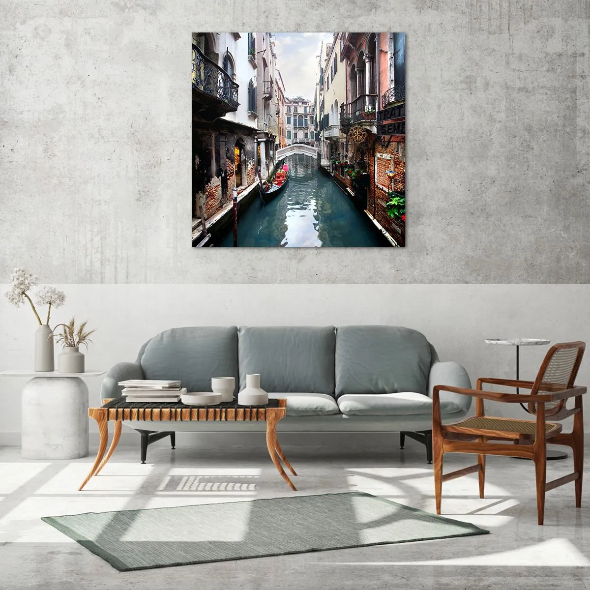 Glasbild - Bild auf glas - Venezianische Landschaft mit Gondel und Brücke - 30x30 cm