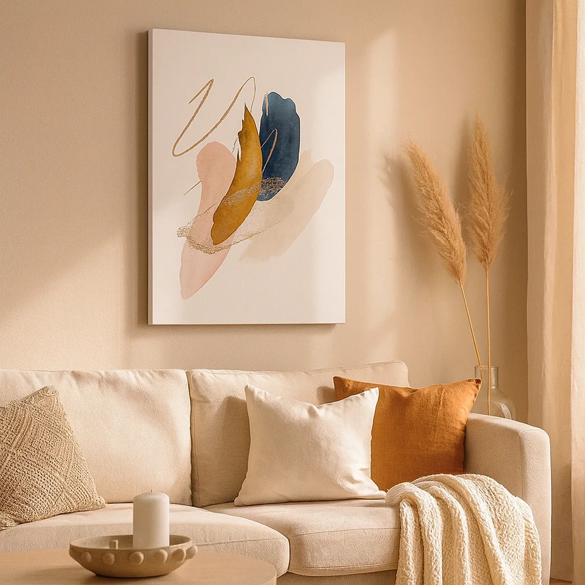 Bild auf Leinwand - Leinwandbild - Abstrakte Striche in Pastellfarben mit goldenen Akzenten - 50x70cm - Geflügelte Komposition - Moderne Wanddekoration für Wohnzimmer und Schlafzimmer ARTTOR