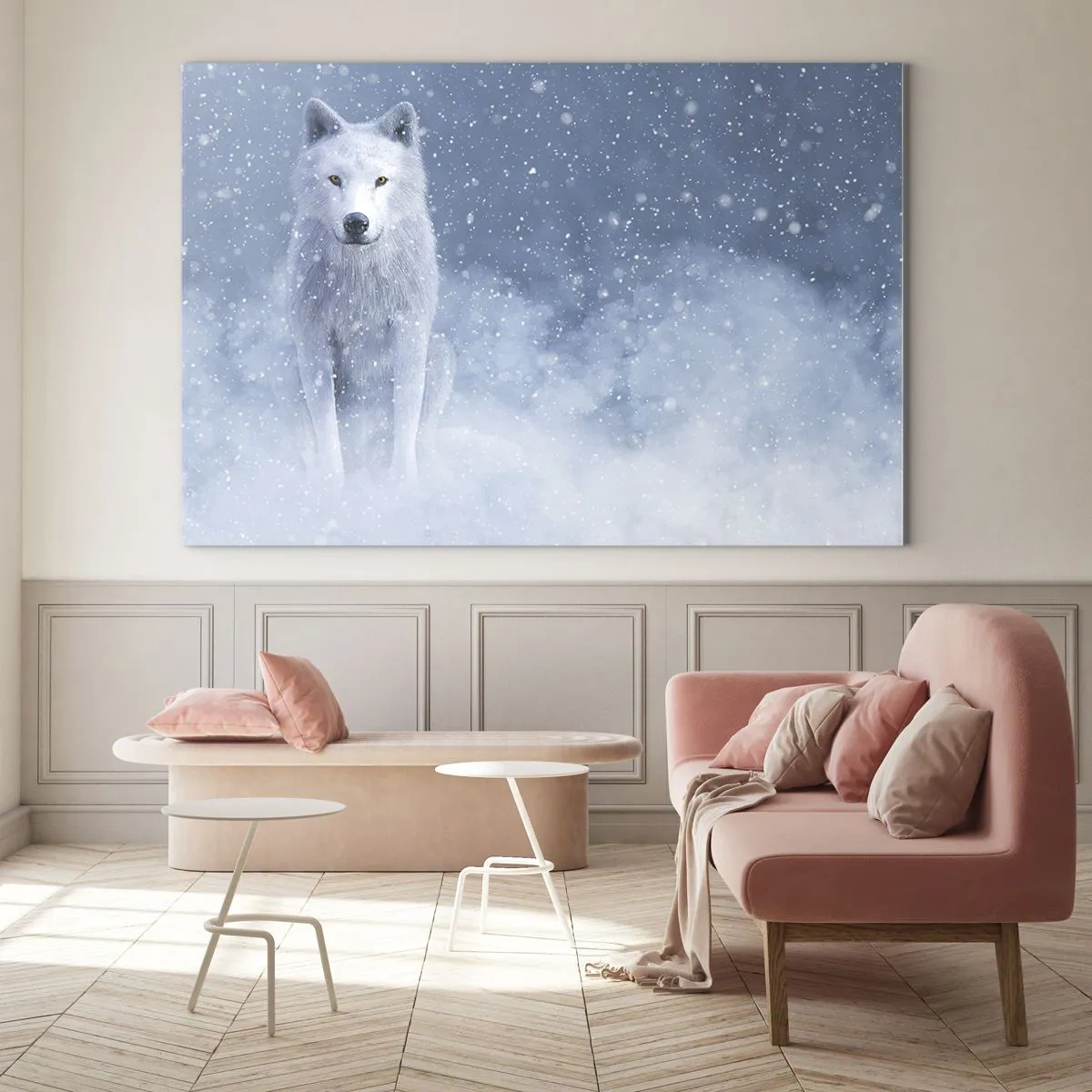 Glasbild - Bild auf glas - Ein weißer Wolf in einem Schneesturm, der geradeaus schaut - 70x50cm - In Winterstimmung - Moderne Wanddekoration für Wohnzimmer und Schlafzimmer ARTTOR