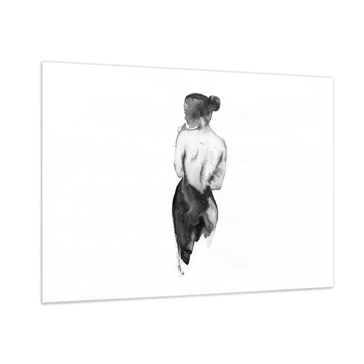 Glasbild - Bild auf glas - Schwarz-weiße Silhouette einer Frau im Aquarellstil - 100x70cm - Bei ihr verschwindet die Welt - Moderne Wanddekoration für Wohnzimmer und Schlafzimmer ARTTOR