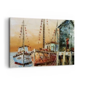 Bild auf Leinwand - Leinwandbild - Boote am Ufer im warmen Licht des Sonnenuntergangs - 100x70cm - Friedliche Rückkehr - Moderne Wanddekoration für Wohnzimmer und Schlafzimmer ARTTOR