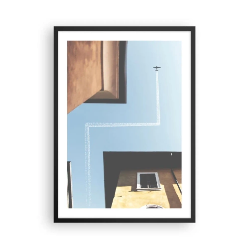 Poster in einem schwarzem Rahmen - Perspektive von Gebäuden mit einem Flugzeug und einem ungewöhnlichen Pfad am Himmel - 50x70cm - Über dem Stadtlabyrinth - Moderne Wanddekoration für Wohnzimmer und Schlafzimmer ARTTOR