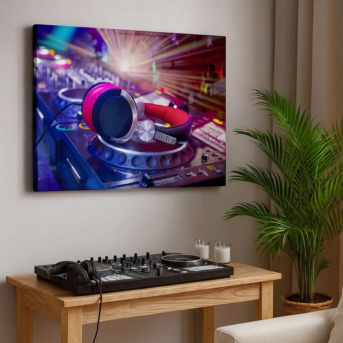 Bild auf Leinwand - Leinwandbild - DJ-Kopfhörer auf einer Konsole, die von Scheinwerfern auf einer Party beleuchtet wird - 70x50cm - Es wird, es wird passieren - Moderne Wanddekoration für Wohnzimmer und Schlafzimmer ARTTOR