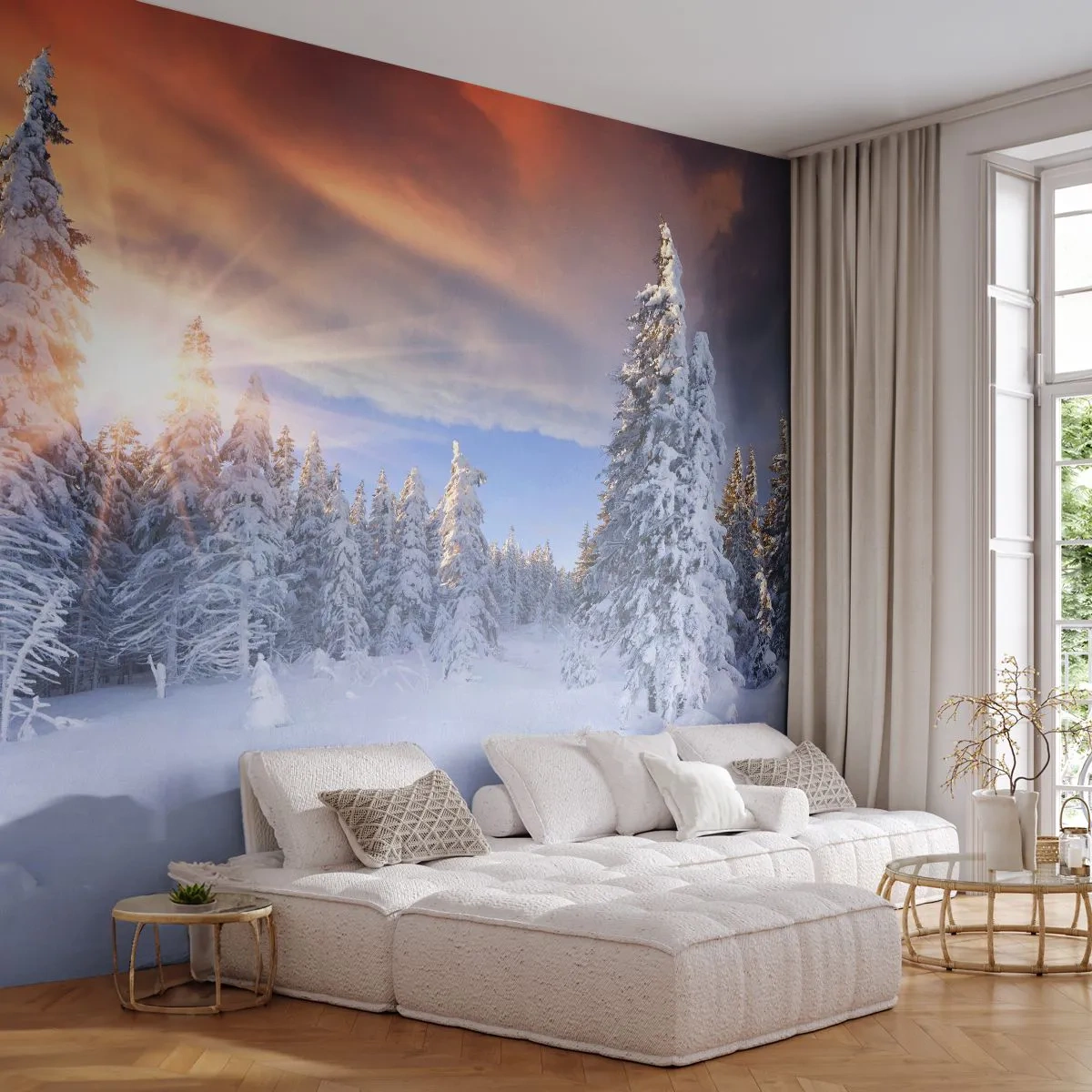 Fototapete Premium Canvas - Ein verschneites Naturschauspiel - Landschaft, Wald, Winter - 300x210 cm