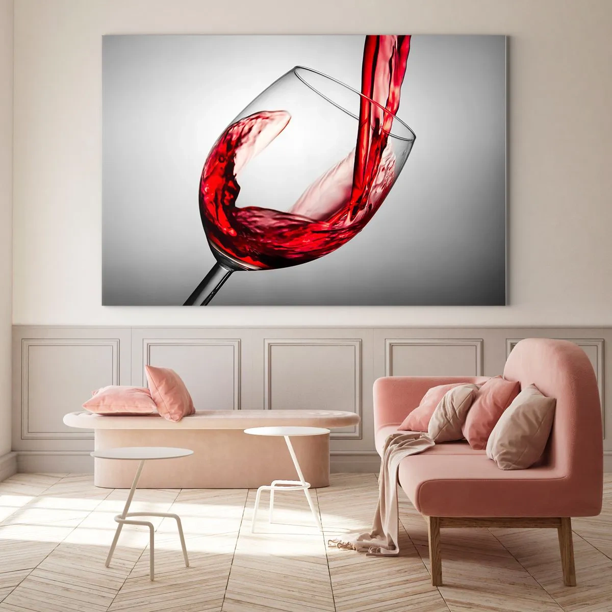 Glasbild - Bild auf glas - Rotwein wird vor hellem Hintergrund in ein Glas gegossen - 70x50cm - Farbe – Bewegung – Klang - Moderne Wanddekoration für Wohnzimmer und Schlafzimmer ARTTOR
