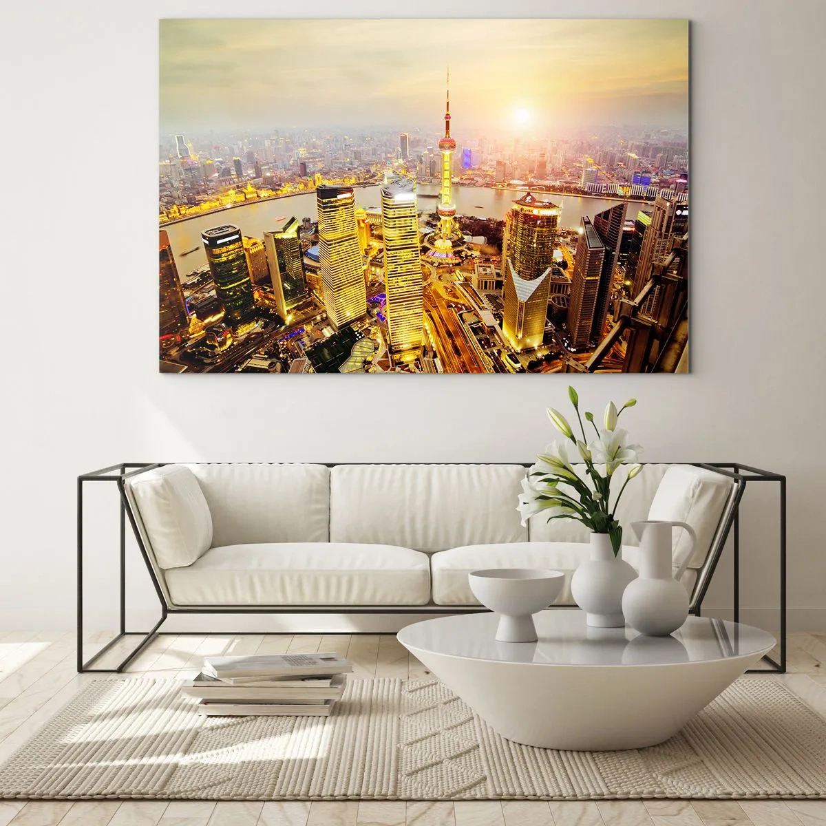 Glasbild - Bild auf glas - Panorama der Stadt bei Sonnenuntergang mit Wolkenkratzern - 70x50cm - Asiatischer Traum - Moderne Wanddekoration für Wohnzimmer und Schlafzimmer ARTTOR
