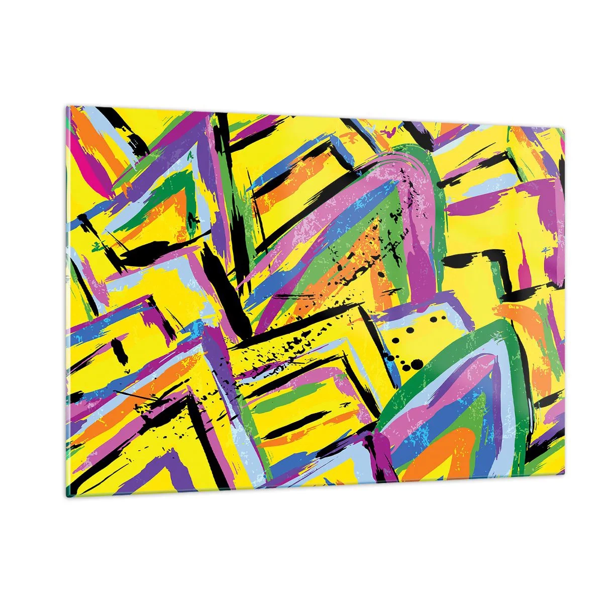 Glasbild - Bild auf glas - Intensive Abstraktion in leuchtenden Farben auf gelbem Hintergrund - 120x80cm - Bis sie vor Freude schreit - Moderne Wanddekoration für Wohnzimmer und Schlafzimmer ARTTOR