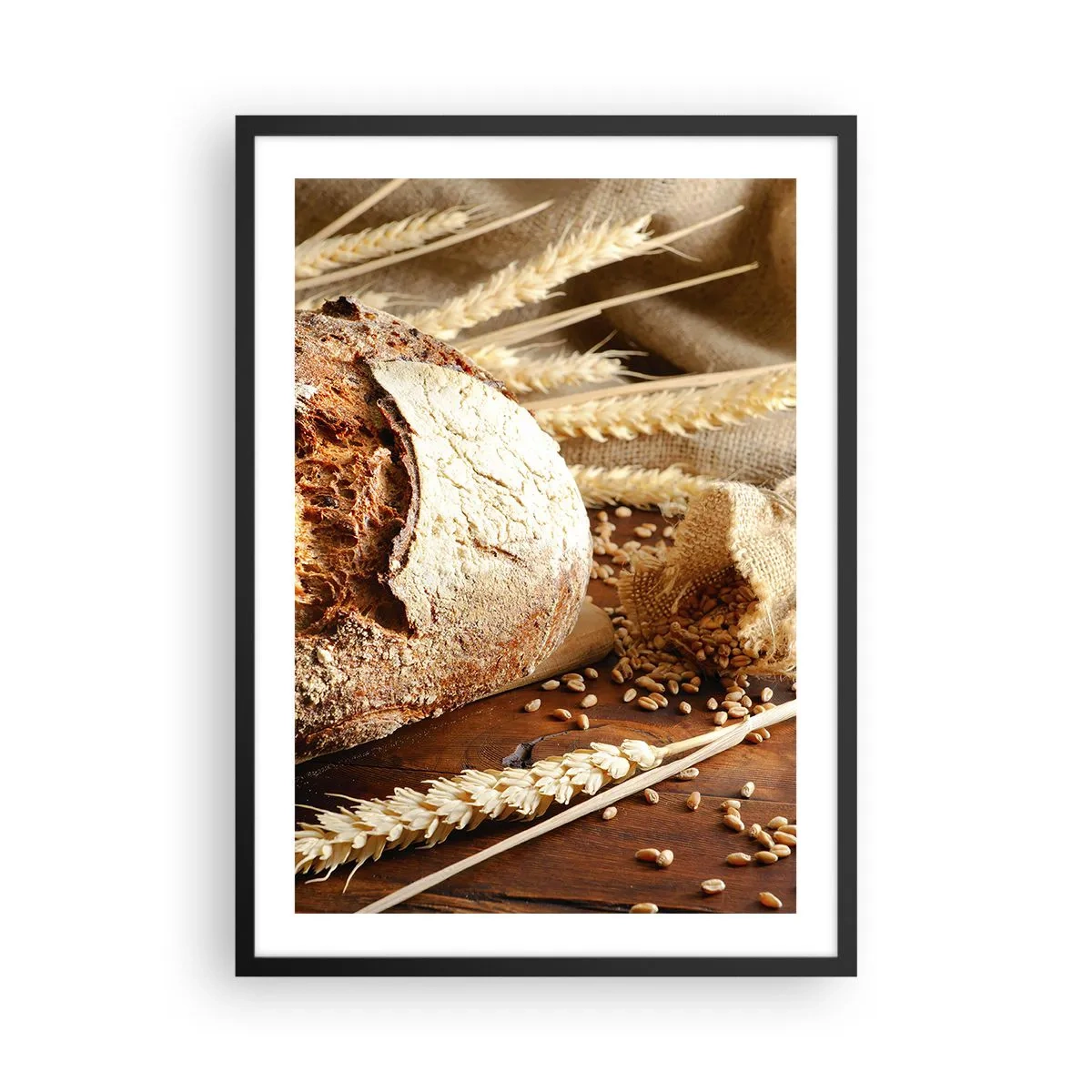 Poster in einem schwarzem Rahmen - Brot auf einem Holztisch mit Weizenähren - 50x70cm - Appetitanregend, duftend, knackig - Moderne Wanddekoration für Wohnzimmer und Schlafzimmer ARTTOR