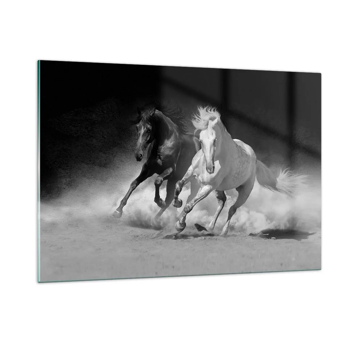 Glasbild - Bild auf glas - Laufende Pferde in Schwarz und Weiß - 120x80cm - Galopp der Freiheit - Moderne Wanddekoration für Wohnzimmer und Schlafzimmer ARTTOR