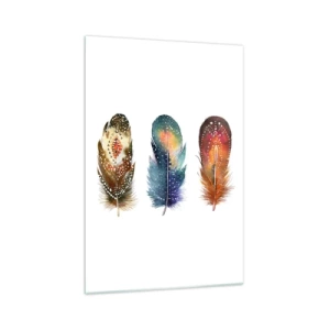 Glasbild - Bild auf glas - Drei bunte Federn mit kunstvollen Mustern auf hellem Hintergrund - 70x100cm - Rituale, Zeremonien, Geheimnisse - Moderne Wanddekoration für Wohnzimmer und Schlafzimmer ARTTOR