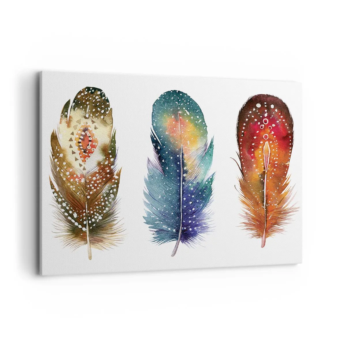 Bild auf Leinwand - Leinwandbild - Drei bunte Federn mit kunstvollen Mustern auf hellem Hintergrund - 100x70cm - Rituale, Zeremonien, Geheimnisse - Moderne Wanddekoration für Wohnzimmer und Schlafzimmer ARTTOR