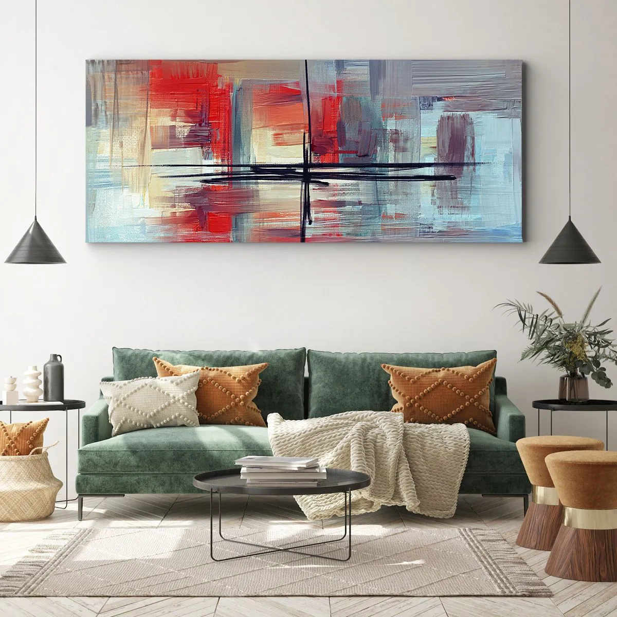 Bild auf Leinwand - Leinwandbild - Eine abstrakte Komposition mit intensiven Farben, Linien und geometrischen Formen. - 120x50cm - Landschaft in einer unbekannten Dimension - Moderne Wanddekoration für Wohnzimmer und Schlafzimmer ARTTOR