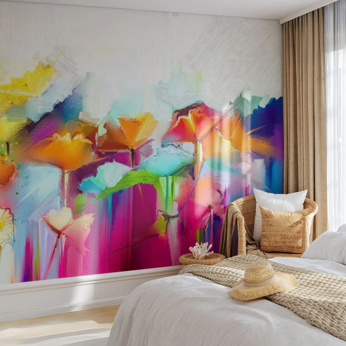 Fototapete Premium Sand - Bunte Abstraktion mit Blumen in Regenbogenfarben - 100x70cm - Der Regenbogen ist aufgeblüht - Moderne Wanddekoration für Wohnzimmer und Schlafzimmer ARTTOR