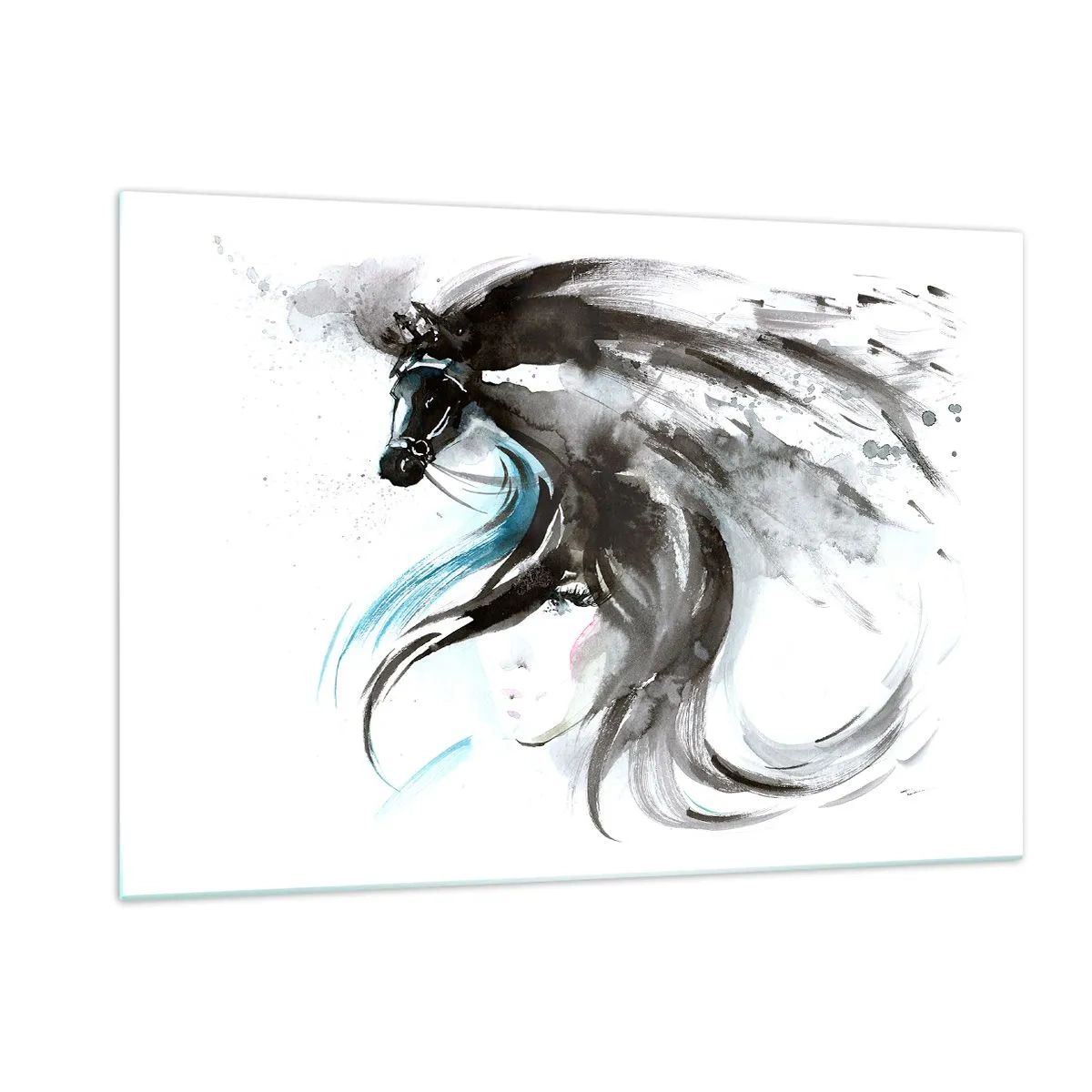 Glasbild - Bild auf glas - Porträt einer Frau und eines Pferdes in einer künstlerischen, dynamischen Komposition - 120x80cm - Schwarzer Prinz Galopp - Moderne Wanddekoration für Wohnzimmer und Schlafzimmer ARTTOR