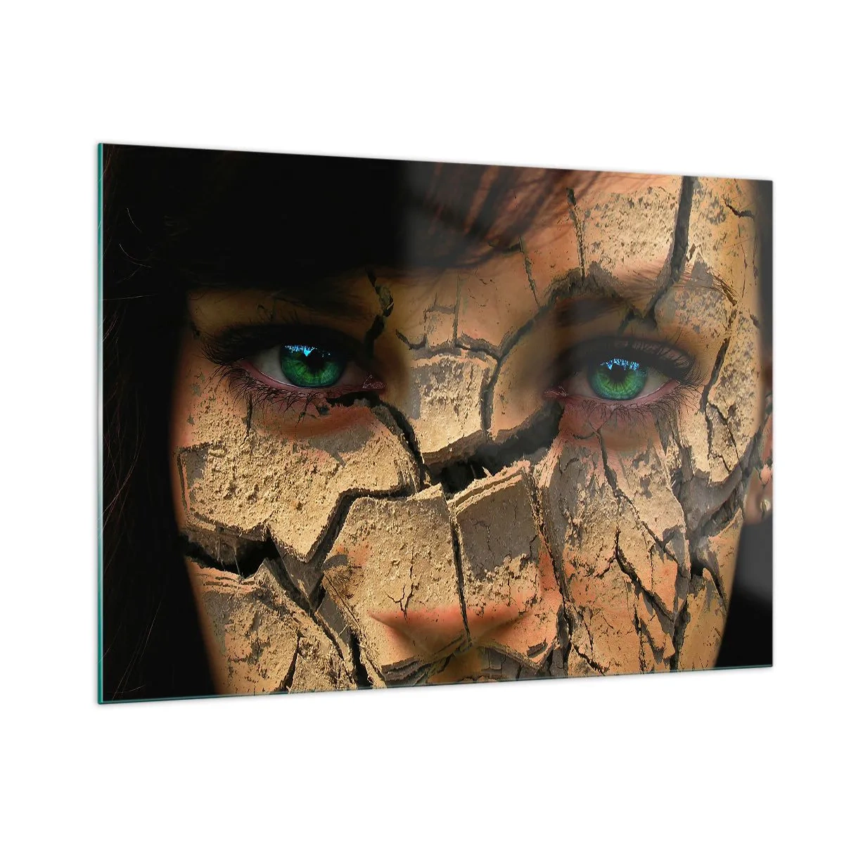 Glasbild - Bild auf glas - Ein Frauengesicht mit einem rissigen Erdeffekt - 100x70cm - Freude und Grauen zugleich - Moderne Wanddekoration für Wohnzimmer und Schlafzimmer ARTTOR