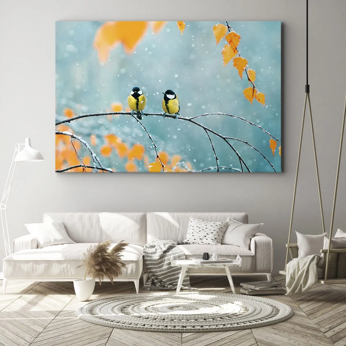 Bild auf Leinwand - Leinwandbild - Zwei Vögel auf einem Ast in einer Winterlandschaft mit gelben Blättern. - 100x70cm - Vogelklatsch - Moderne Wanddekoration für Wohnzimmer und Schlafzimmer ARTTOR