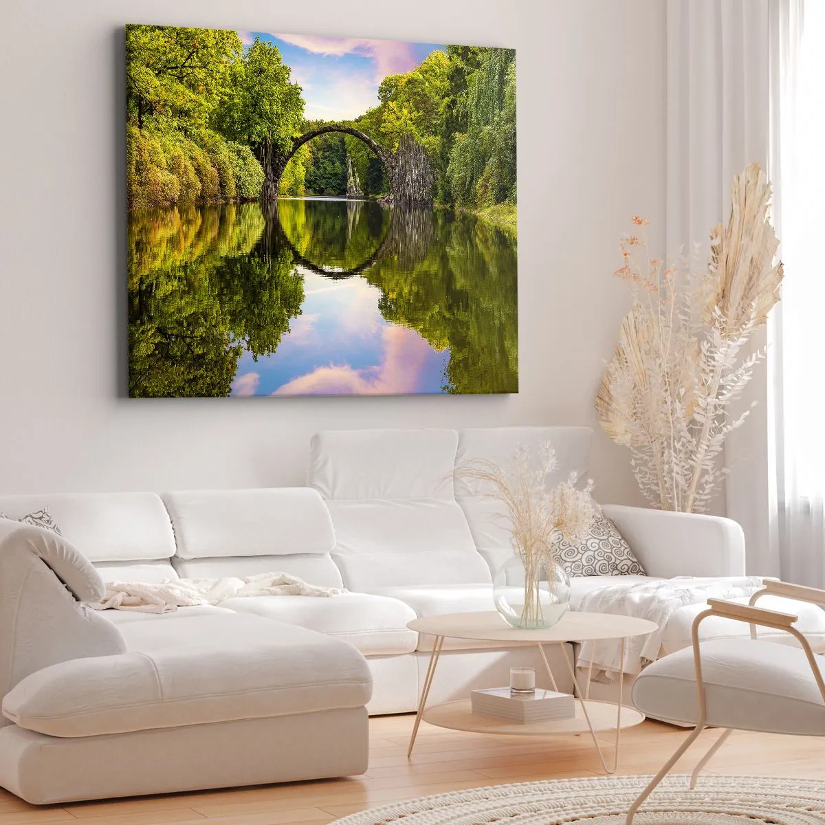 Bild auf Leinwand - Leinwandbild - Eine Steinbrücke über einen Fluss mit einer perfekten Spiegelung im Wasser - 120x80cm - An der Kreuzung zweier Welten - Moderne Wanddekoration für Wohnzimmer und Schlafzimmer ARTTOR