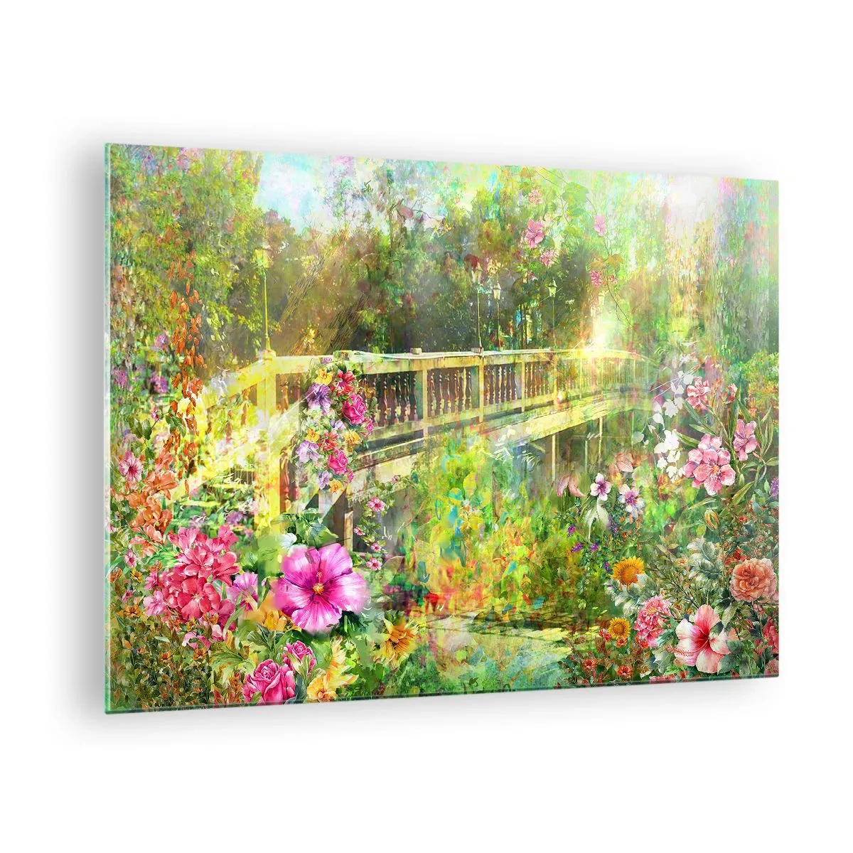 Glasbild - Bild auf glas - Eine Brücke umgeben von üppiger Vegetation und bunten Blumen - 70x50cm - Eine Brücke aus Frühlingsseufzern - Moderne Wanddekoration für Wohnzimmer und Schlafzimmer ARTTOR
