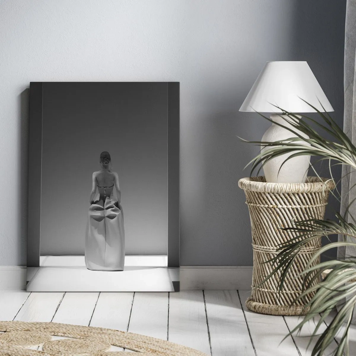 Bild auf Leinwand - Leinwandbild - Ein Schwarzweißgemälde mit einer minimalistischen Szene einer Frau in einem geometrischen Raum. - 50x70cm - Raffinierte Einfachheit - Moderne Wanddekoration für Wohnzimmer und Schlafzimmer ARTTOR