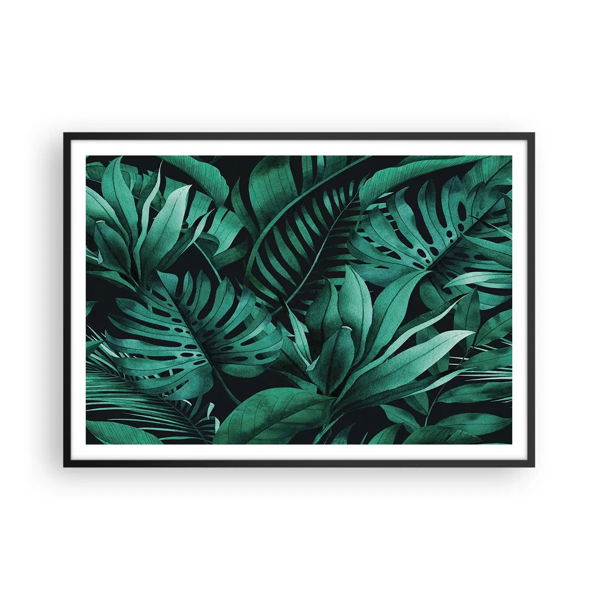Poster in einem schwarzem Rahmen - Tropische Blätter in intensiven Grüntönen - 100x70cm - Die Tiefe des tropischen Grüns - Moderne Wanddekoration für Wohnzimmer und Schlafzimmer ARTTOR