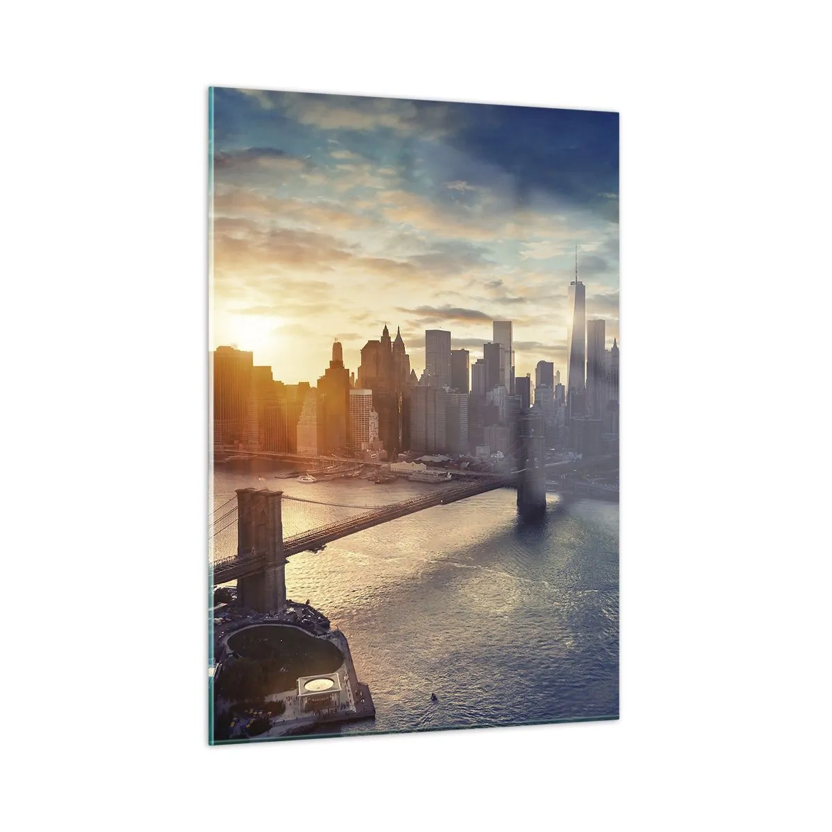 Glasbild - Bild auf glas - Blick auf die Stadt bei Sonnenuntergang mit der Brücke im Vordergrund - 50x70cm - Westliches Kulturdenkmal - Moderne Wanddekoration für Wohnzimmer und Schlafzimmer ARTTOR