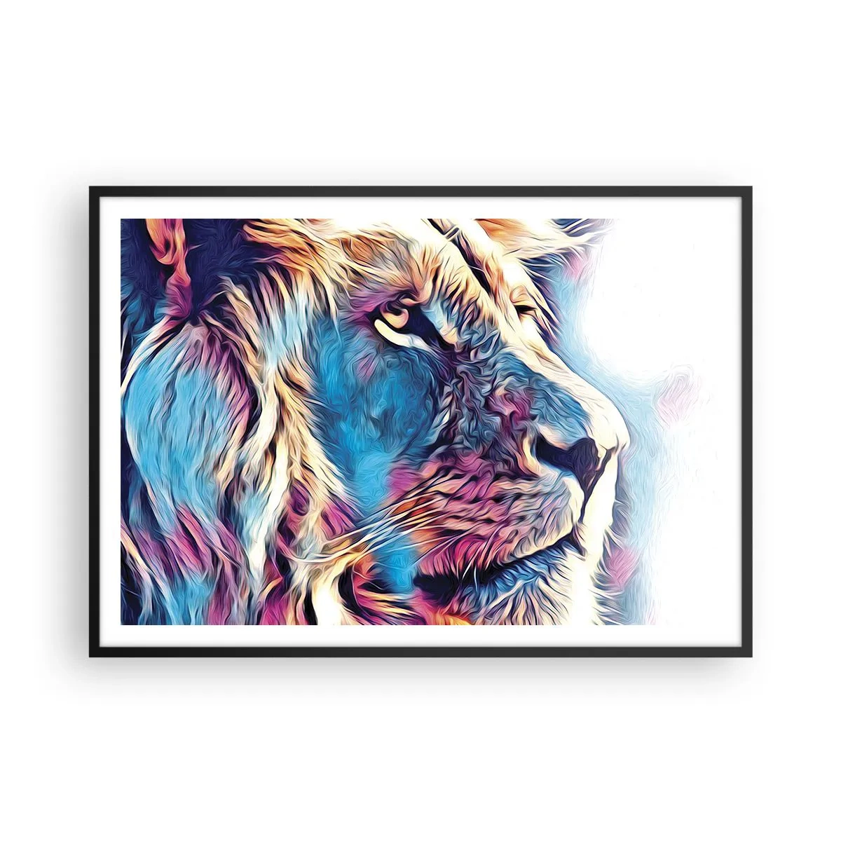 Poster in einem schwarzem Rahmen - Porträt eines Löwen in lebendigen, abstrakten Farben - 100x70cm - Die Weisheit der Natur - Moderne Wanddekoration für Wohnzimmer und Schlafzimmer ARTTOR