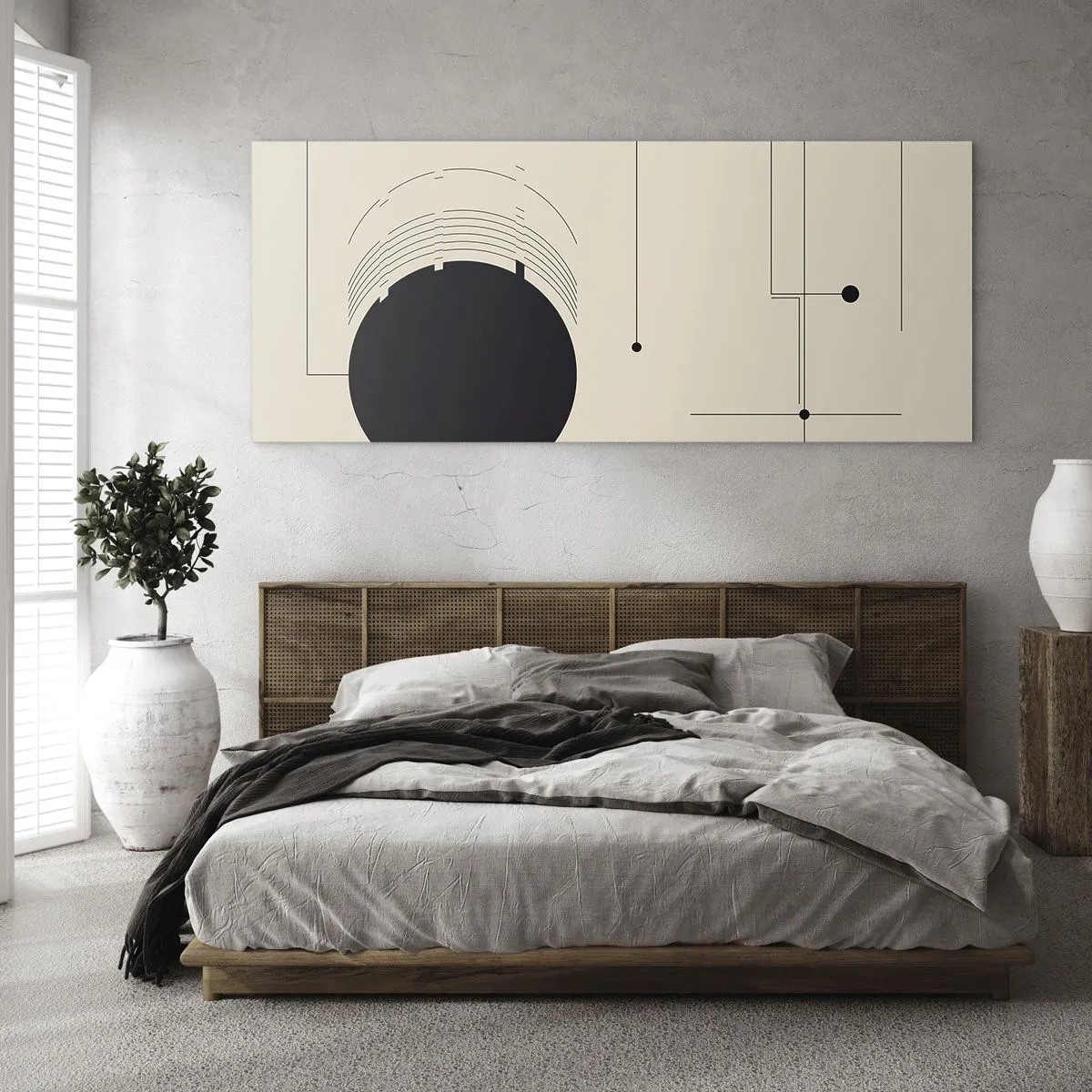 Glasbild - Bild auf glas - Schwarze geometrische Linien und ein Kreis auf beigem Hintergrund - 120x50cm - Flexible und dynamische Komposition - Moderne Wanddekoration für Wohnzimmer und Schlafzimmer ARTTOR