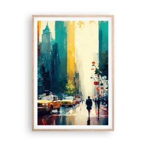 Poster in einem Rahmen aus heller Eiche - New York – selbst der Regen ist hier bunt - 70x100 cm