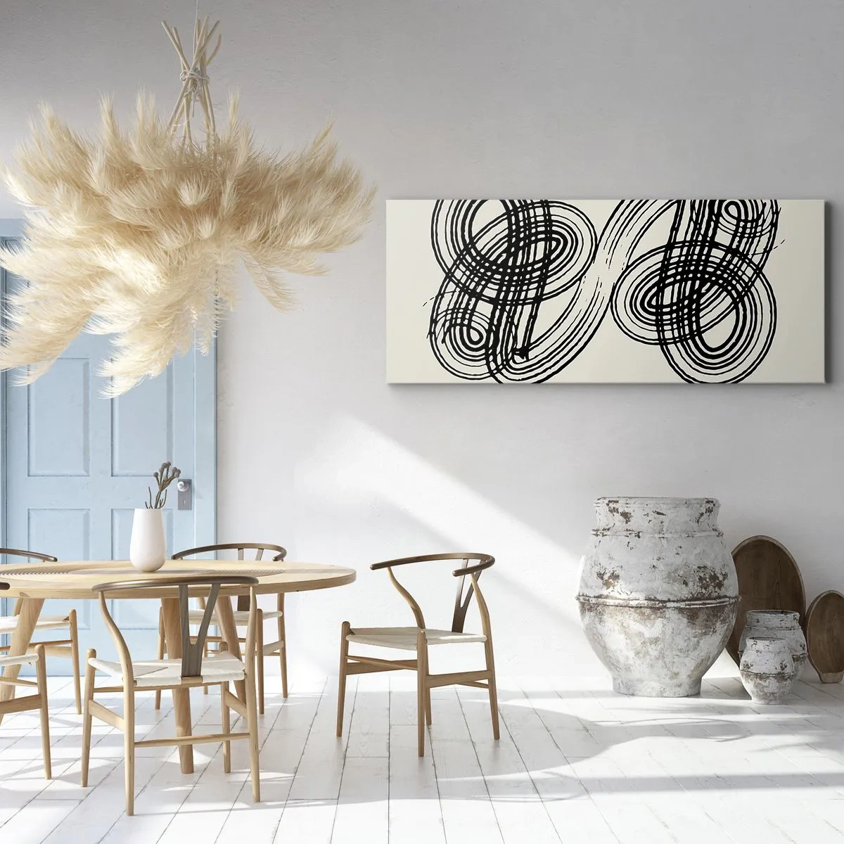 Bild auf Leinwand - Leinwandbild - Abstrakte schwarze Linien auf hellem Hintergrund im Avantgarde-Stil. - 160x50cm - Es kam spontan heraus - Moderne Wanddekoration für Wohnzimmer und Schlafzimmer ARTTOR