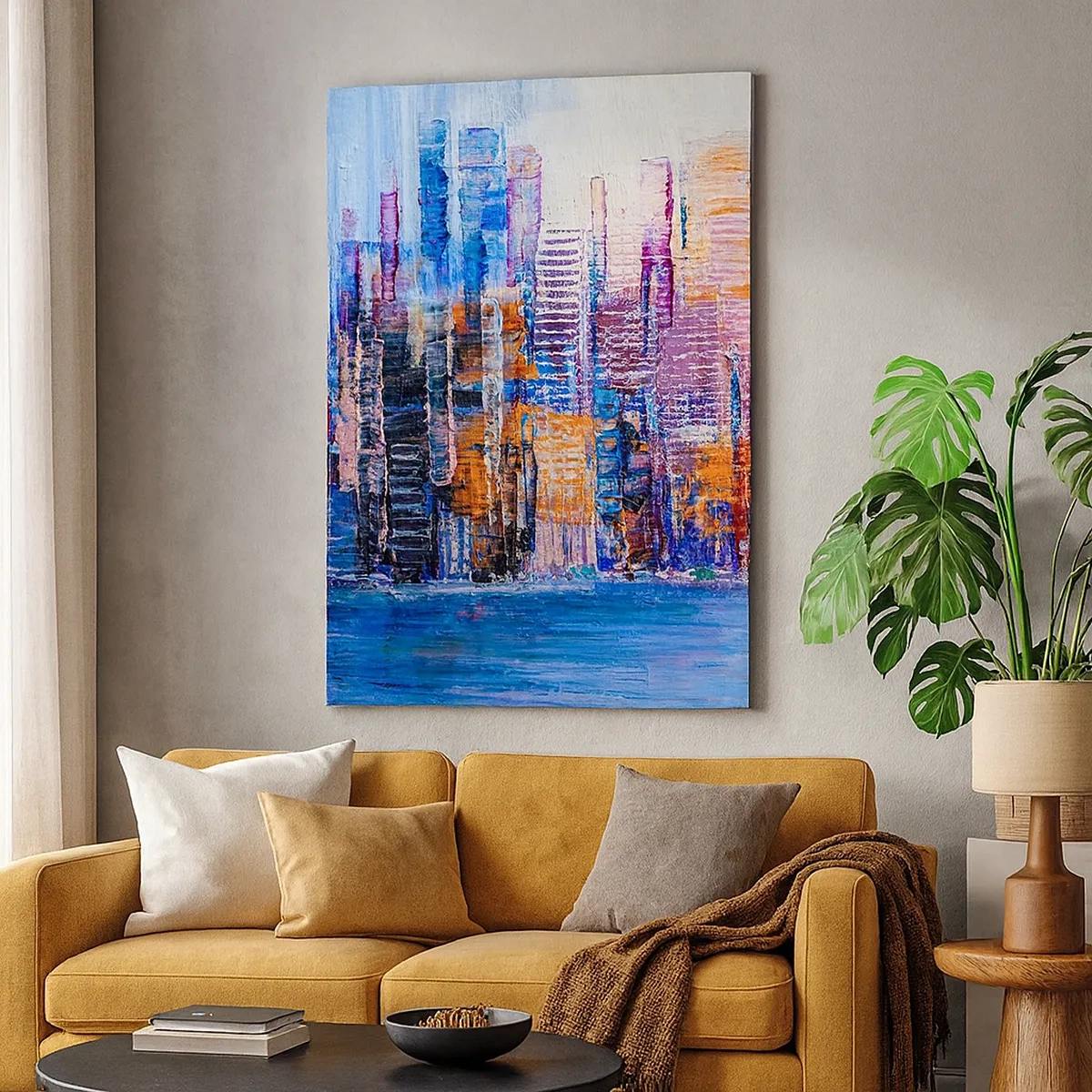 Bild auf Leinwand - Leinwandbild - Ein farbenfrohes Panorama der Stadt mit Spiegelungen auf dem Wasser - 50x70cm - Fröhliche Metropole - Moderne Wanddekoration für Wohnzimmer und Schlafzimmer ARTTOR