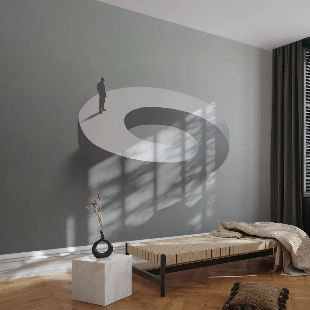 Fototapete Premium Sand - Minimalistische Silhouette auf einem weißen Ring - 100x70cm - Und wie soll man davon klug werden - Moderne Wanddekoration für Wohnzimmer und Schlafzimmer ARTTOR