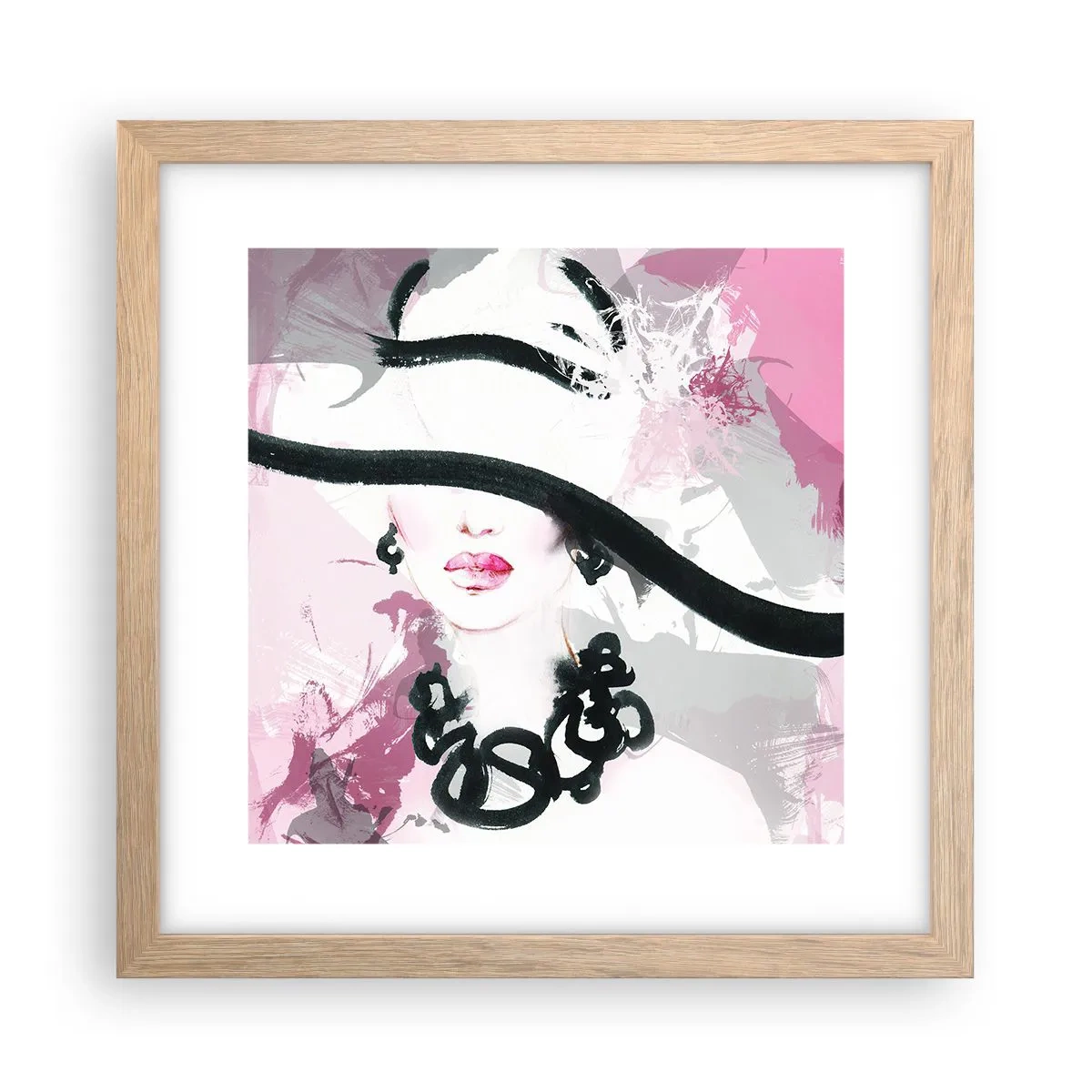 Poster in einem Rahmen aus heller Eiche - Bildnis einer Dame in Schwarz und Pink - 30x30 cm