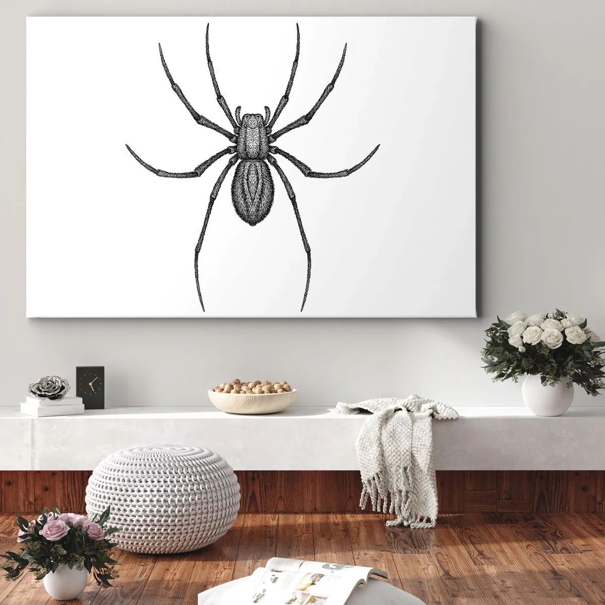 Bild auf Leinwand - Leinwandbild - Detail einer Spinne auf weißem Hintergrund im Cartoon-Stil - 120x80cm - Beunruhigende Präzision - Moderne Wanddekoration für Wohnzimmer und Schlafzimmer ARTTOR