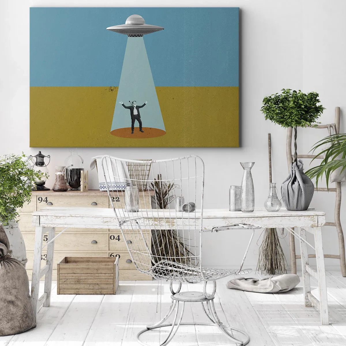 Bild auf Leinwand - Leinwandbild - Ein Mann im Licht eines UFOs vor dem Hintergrund einer farbenfrohen Landschaft - 70x50cm - Nahe Begegnung - Moderne Wanddekoration für Wohnzimmer und Schlafzimmer ARTTOR