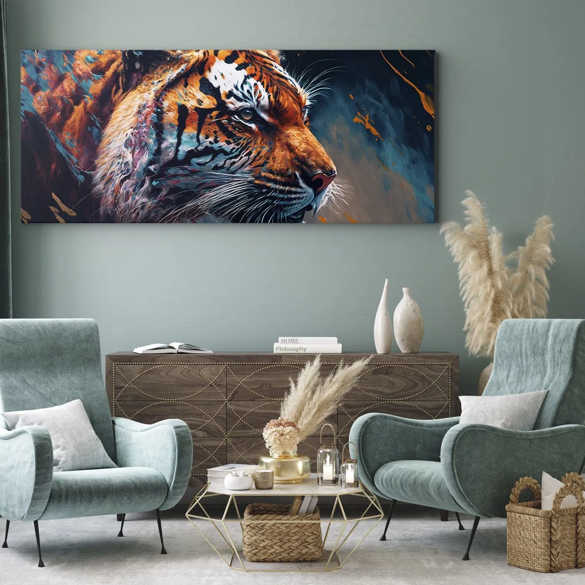 Bild auf Leinwand - Leinwandbild - Portrait eines Tigers in dynamischen, abstrakten Farben - 140x50cm - Wilde Schönheit - Moderne Wanddekoration für Wohnzimmer und Schlafzimmer ARTTOR
